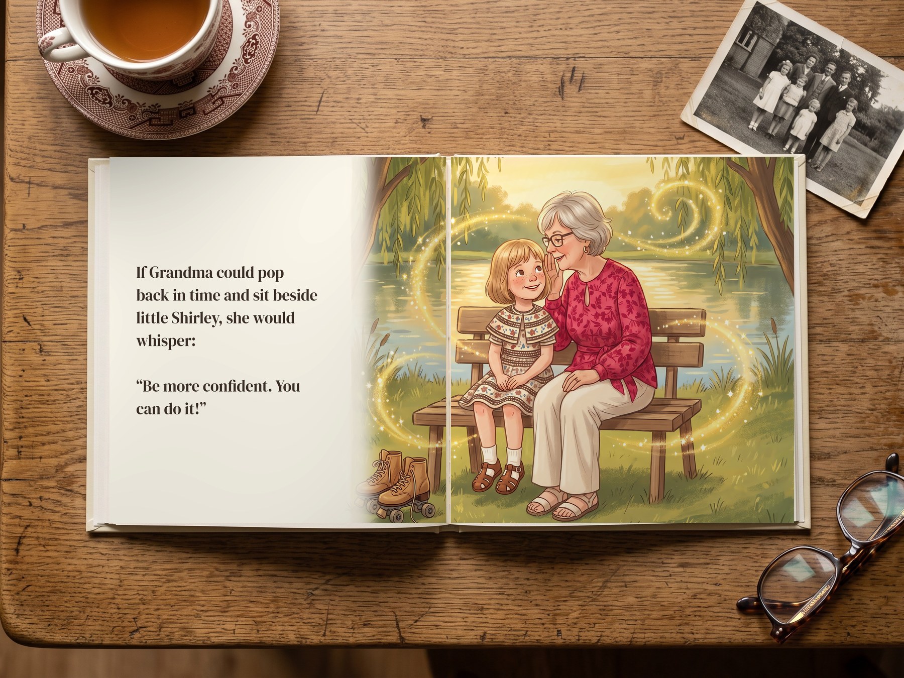 Spread: Grandma today, in glasses and a pink floral blouse, whispers to her younger self on a bench by a pond as a magical swirl of light goes between them