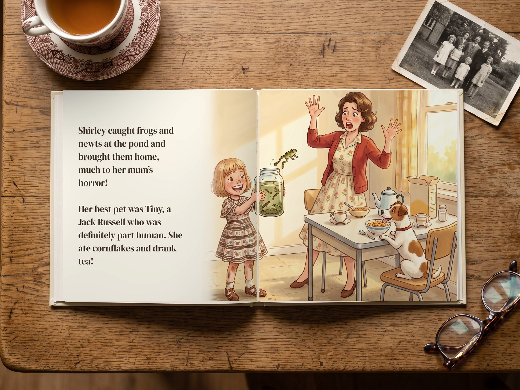 Spread: Shirley shows her horrified mum a jar of frogs while Tiny the Jack Russell eats cornflakes at the table