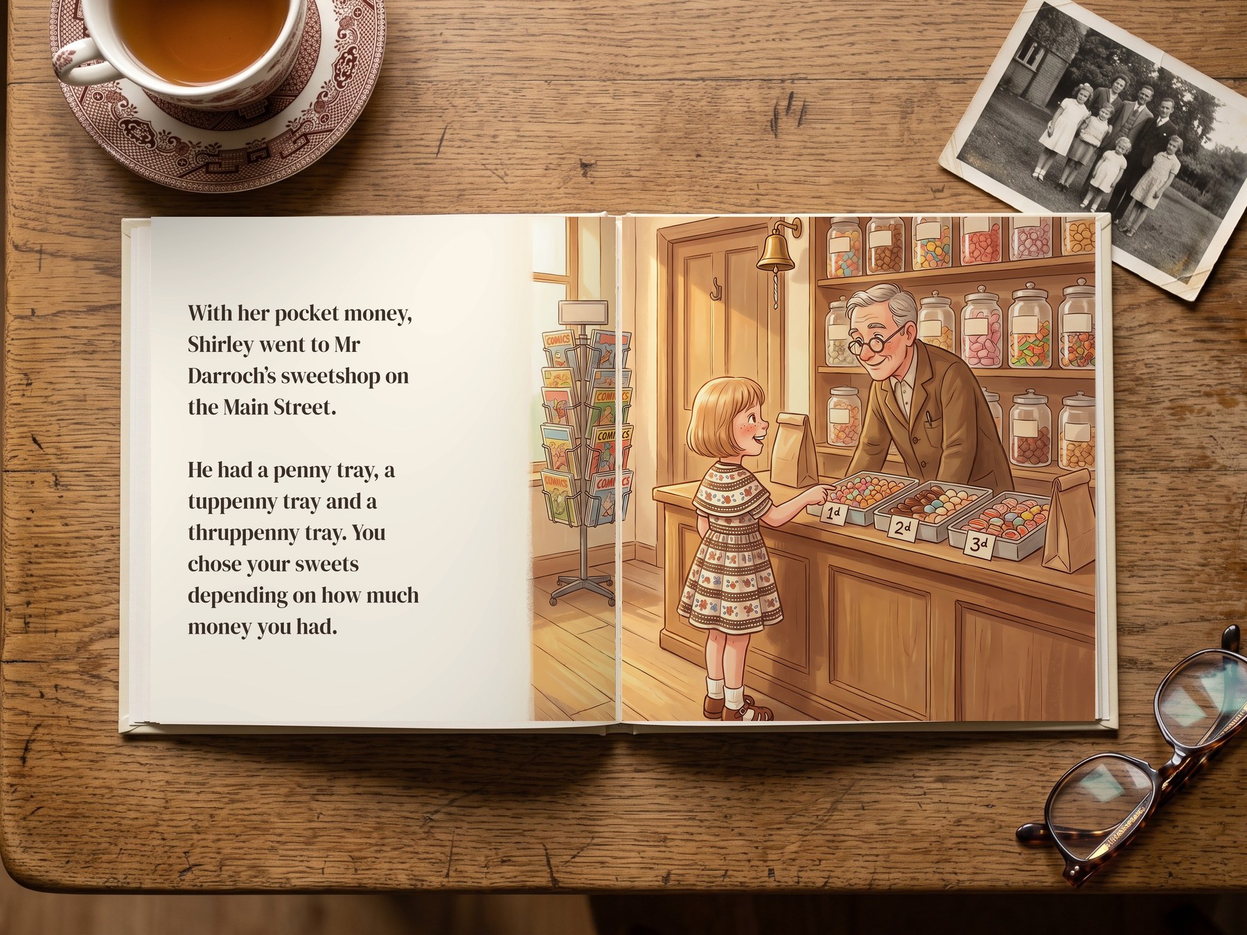 Spread: Shirley chooses sweets from the penny, tuppenny and thruppenny trays at Mr Darroch's shop