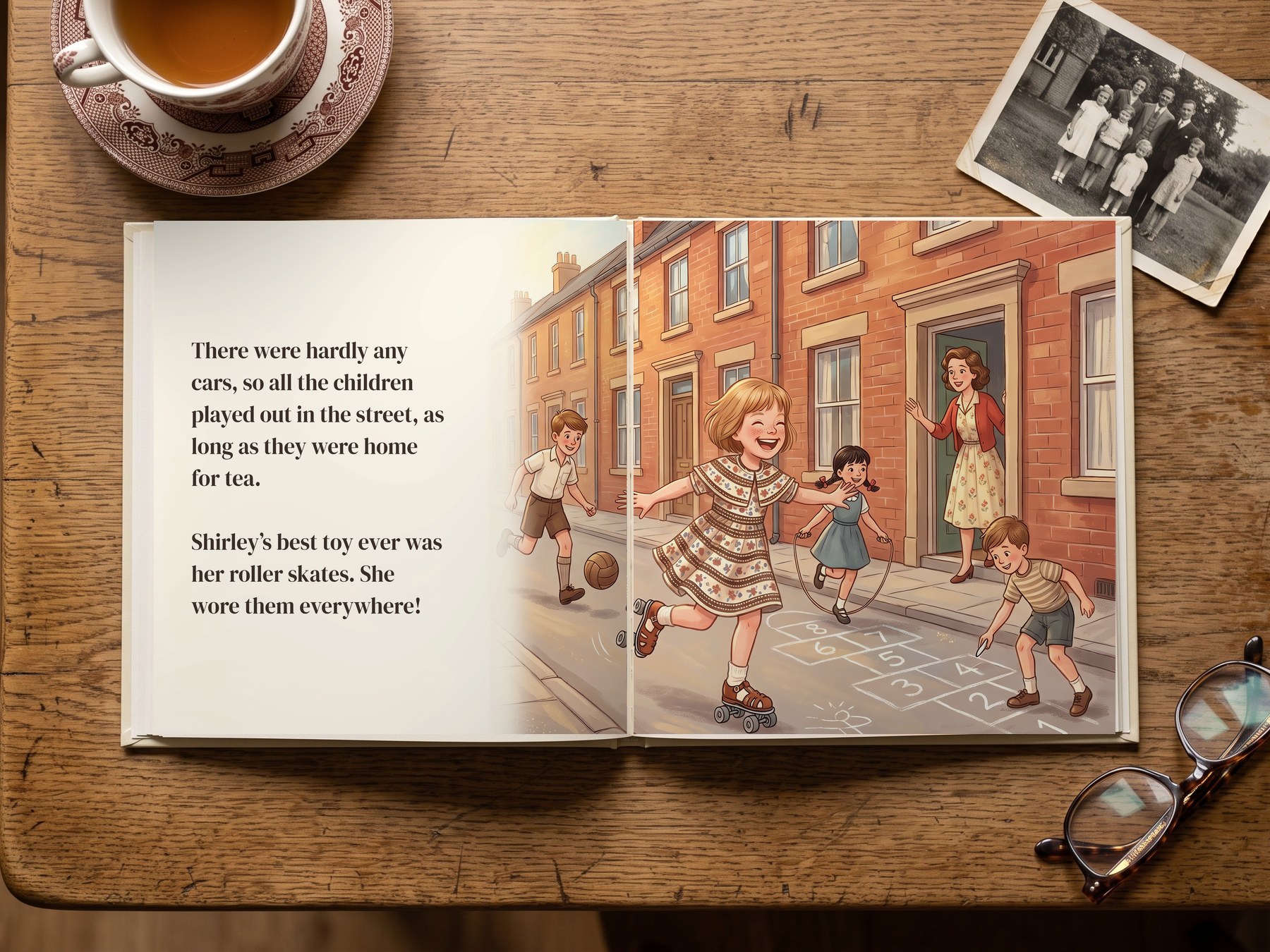 Spread: Shirley roller-skates down her red-brick street while other children play hopscotch and skipping, and her mum watches from the door