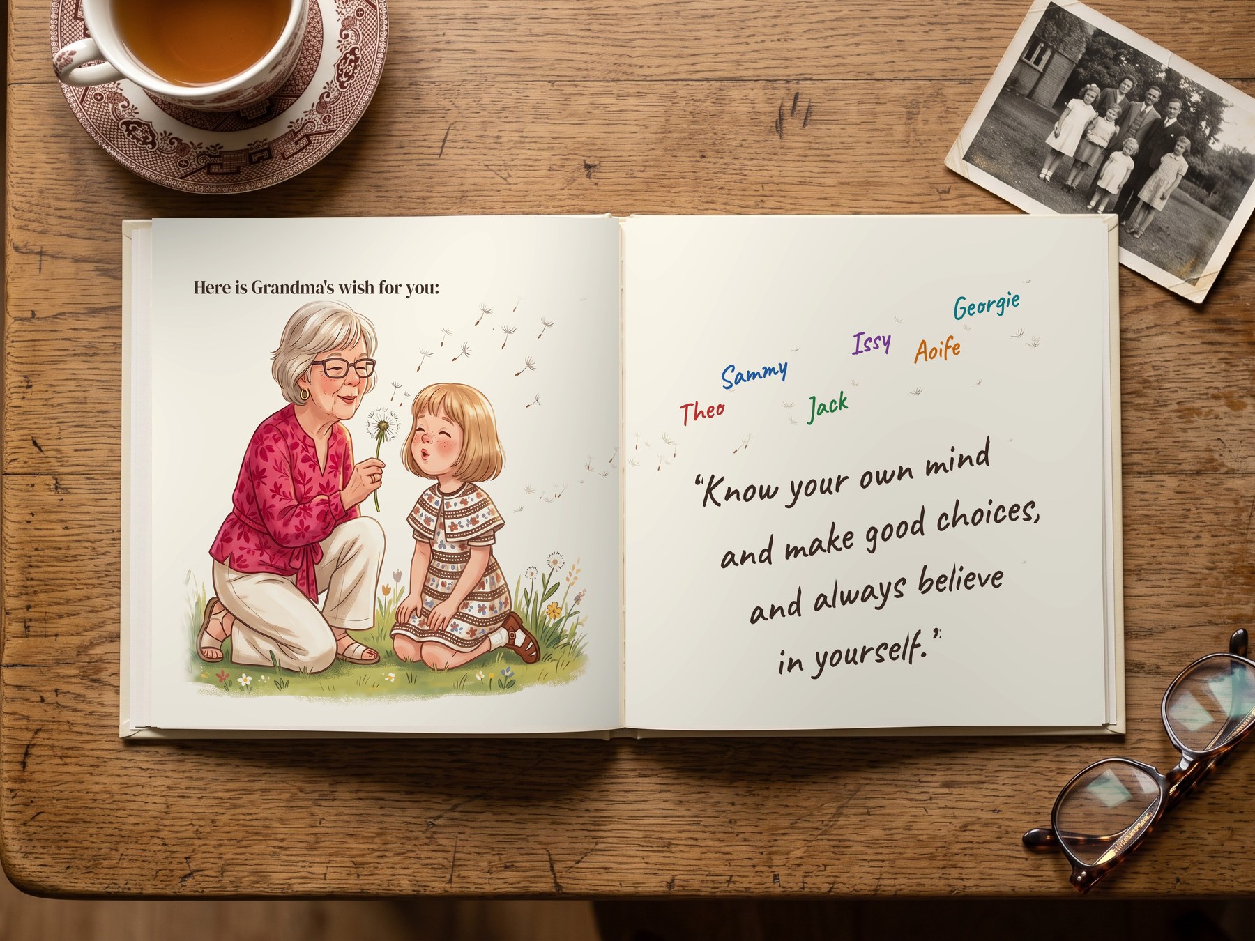 The last spread: young Shirley and Grandma today blow a dandelion together, and the seeds float up across the page carrying the names Theo, Sammy, Jack, Issy, Aoife and Georgie, beside Grandma's wish written in large handwriting